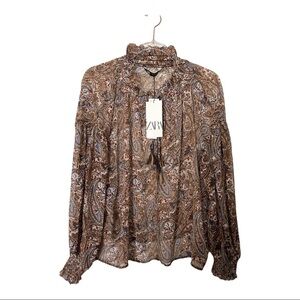 Zara Women Size M Blouse V Neck Long Sleeve Ruffle Sheer Top Paisley Tassel
